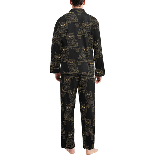 Gold Owl Pattern Men's Long Pajama Set