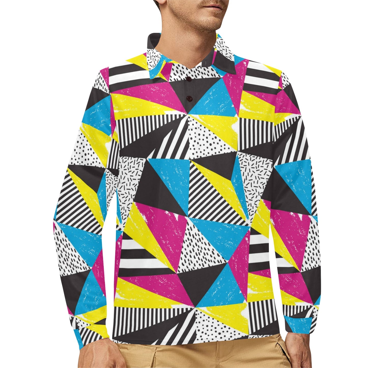 80s Pattern Print Design 2 Long Sleeve Polo Shirt For Men's