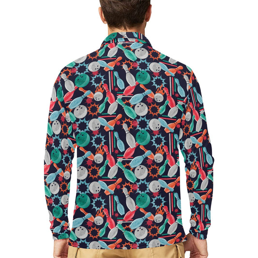 Bowling Pattern Print Design 08 Long Sleeve Polo Shirt For Men's