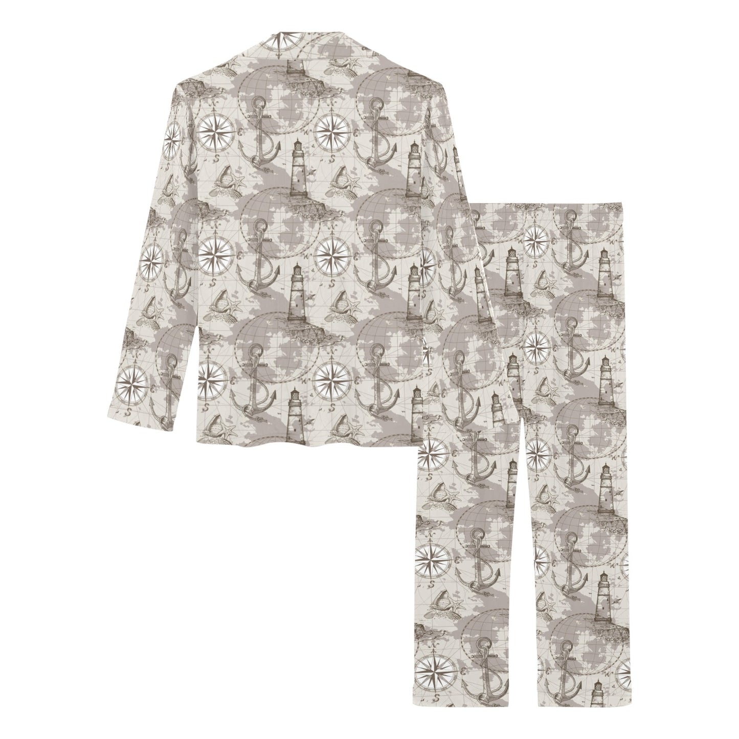 Nautical Map Design Themed Print Women's Long Pajama Set