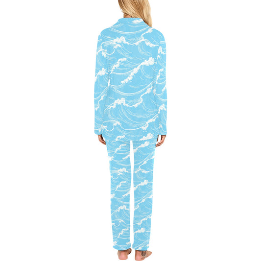 Ocean Wave Pattern Print Design A01 Women's Long Pajama Set