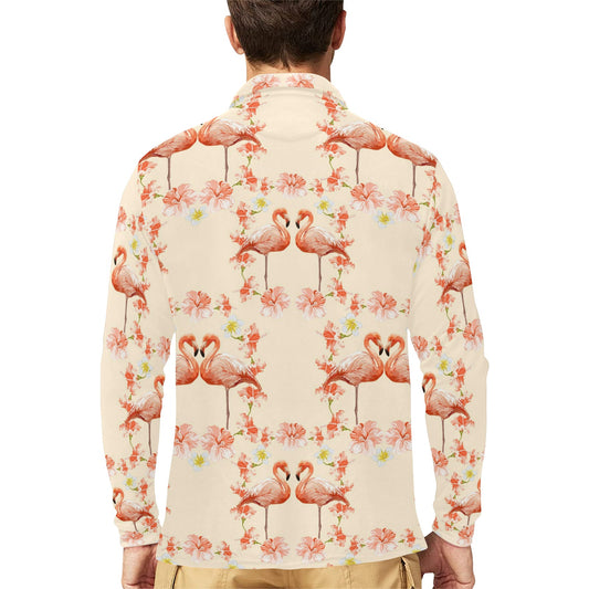 Flamingo Hibiscus Print Pattern Long Sleeve Polo Shirt For Men's