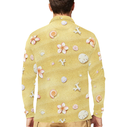 Beach Theme Print Long Sleeve Polo Shirt For Men's