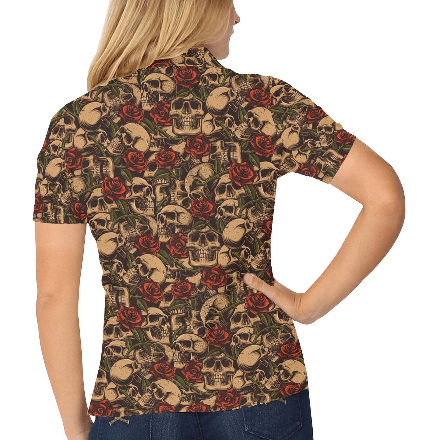 Skull Roses Vintage Design Themed Print Women's Polo Shirt