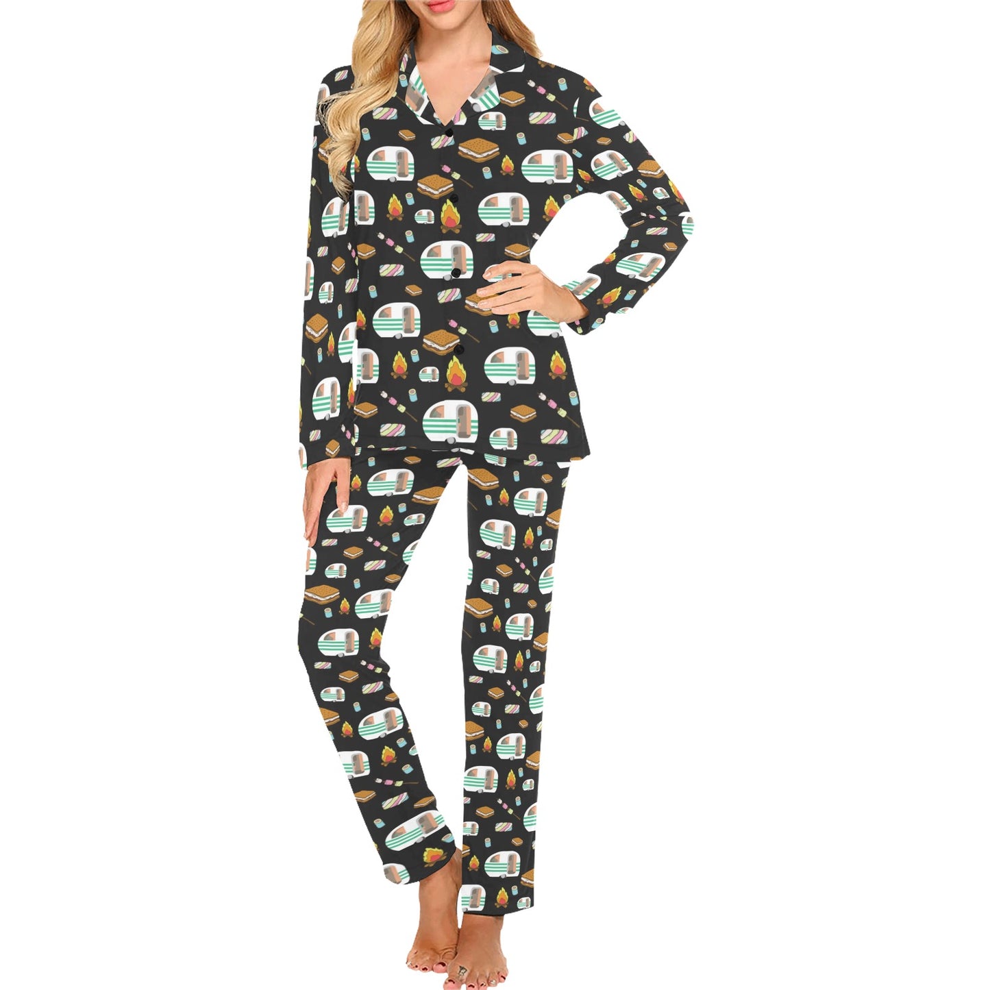 Camper marshmallow Camping Design Print Women's Long Pajama Set