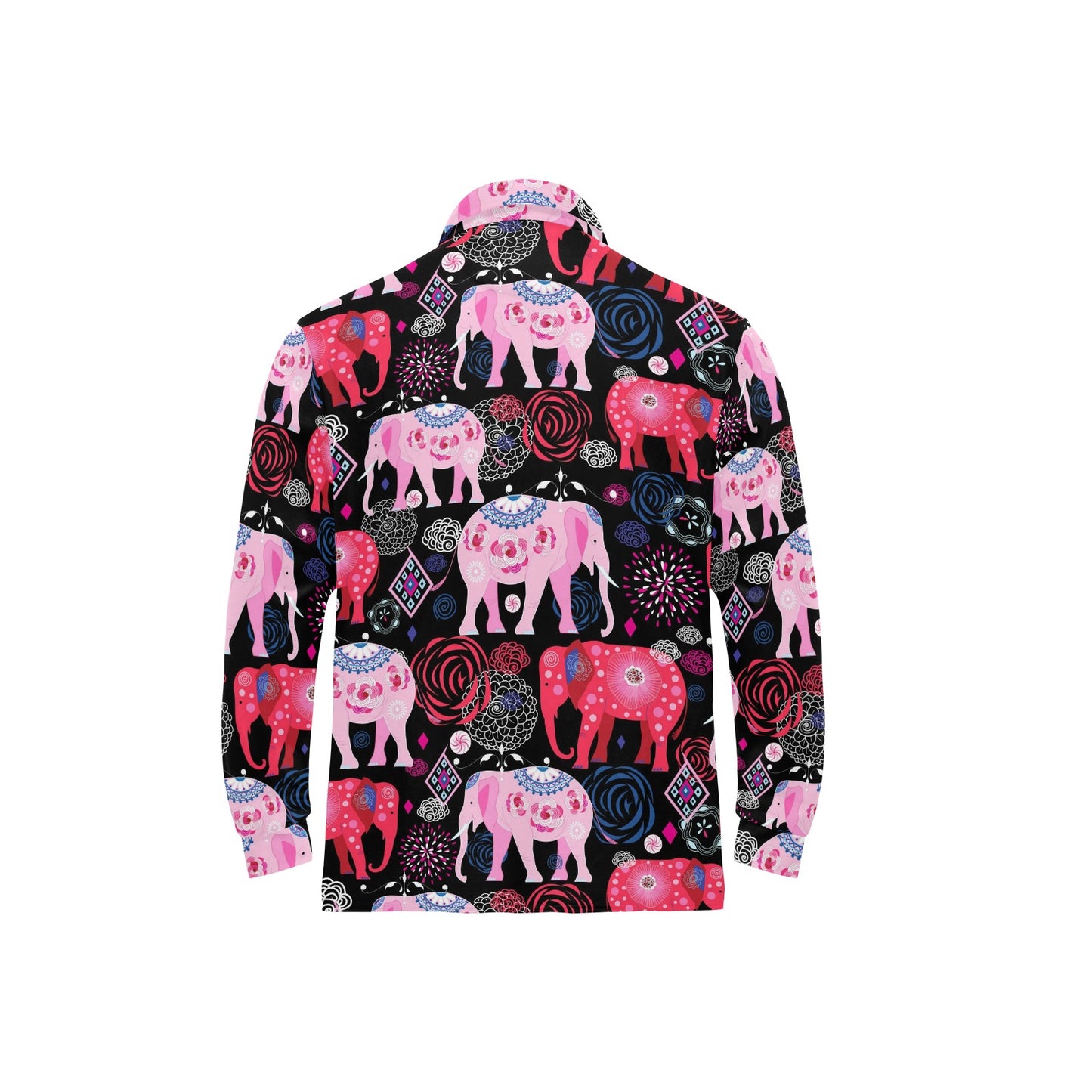 Pink Elephant Pattern Long Sleeve Polo Shirt For Men's