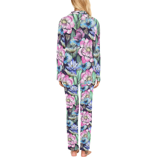 Water Lily Pattern Print Design WL07 Women's Long Pajama Set