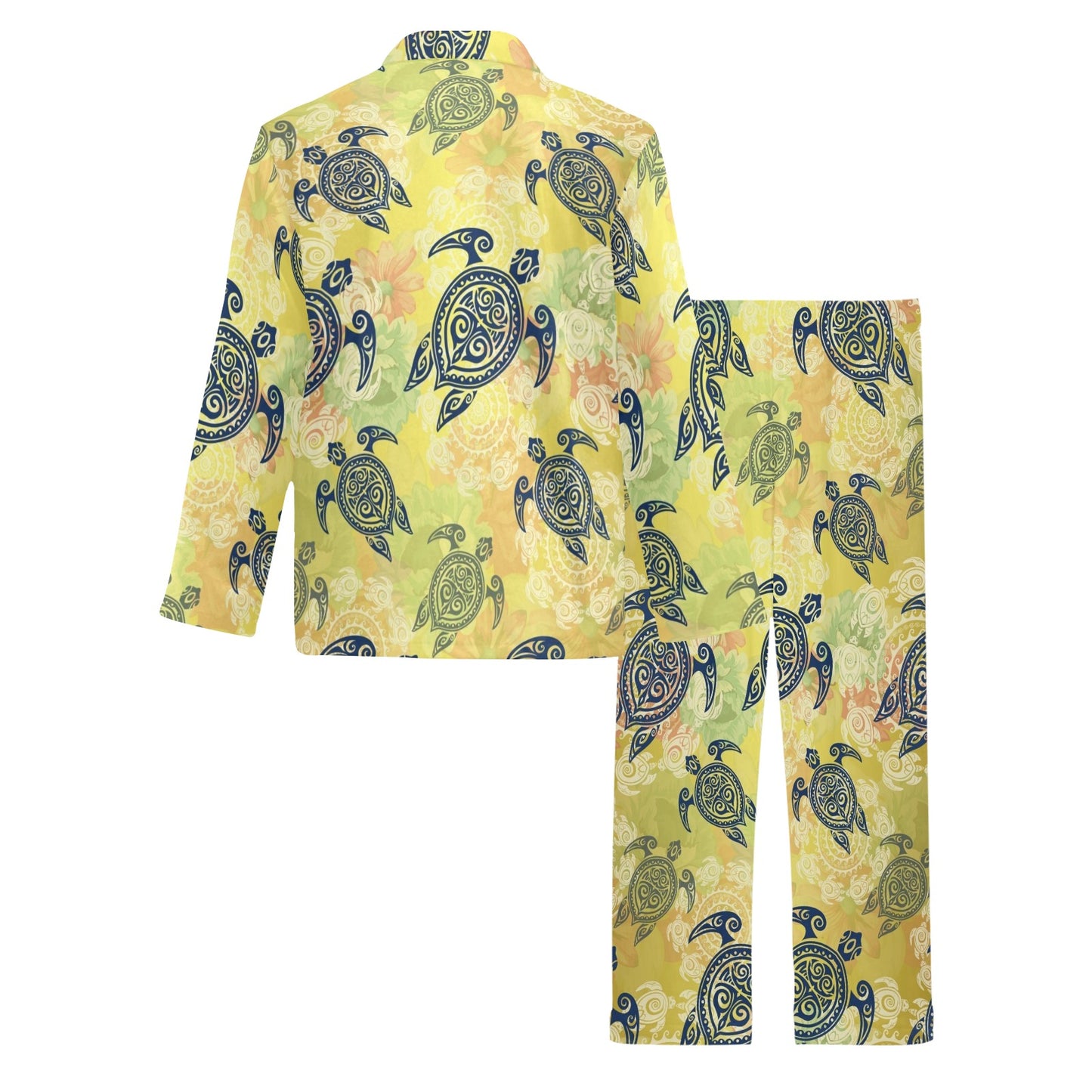 Hawaiian Turtle Tribal Design Print Men's Long Pajama Set