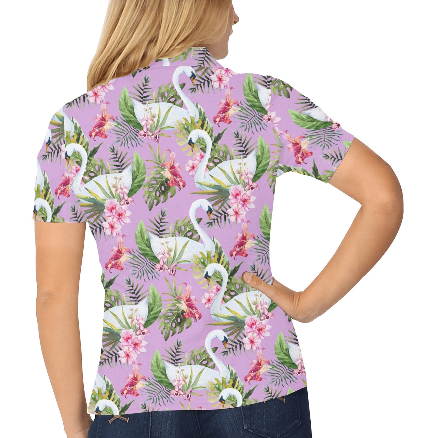 Swan with Flower Pattern Print Design 01 Women's Polo Shirt