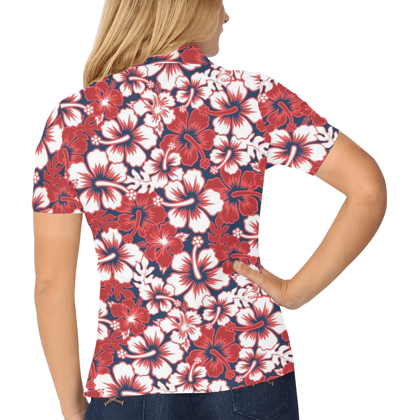 Red Hibiscus Embroidered Pattern Print Design HB032 Women's Polo Shirt