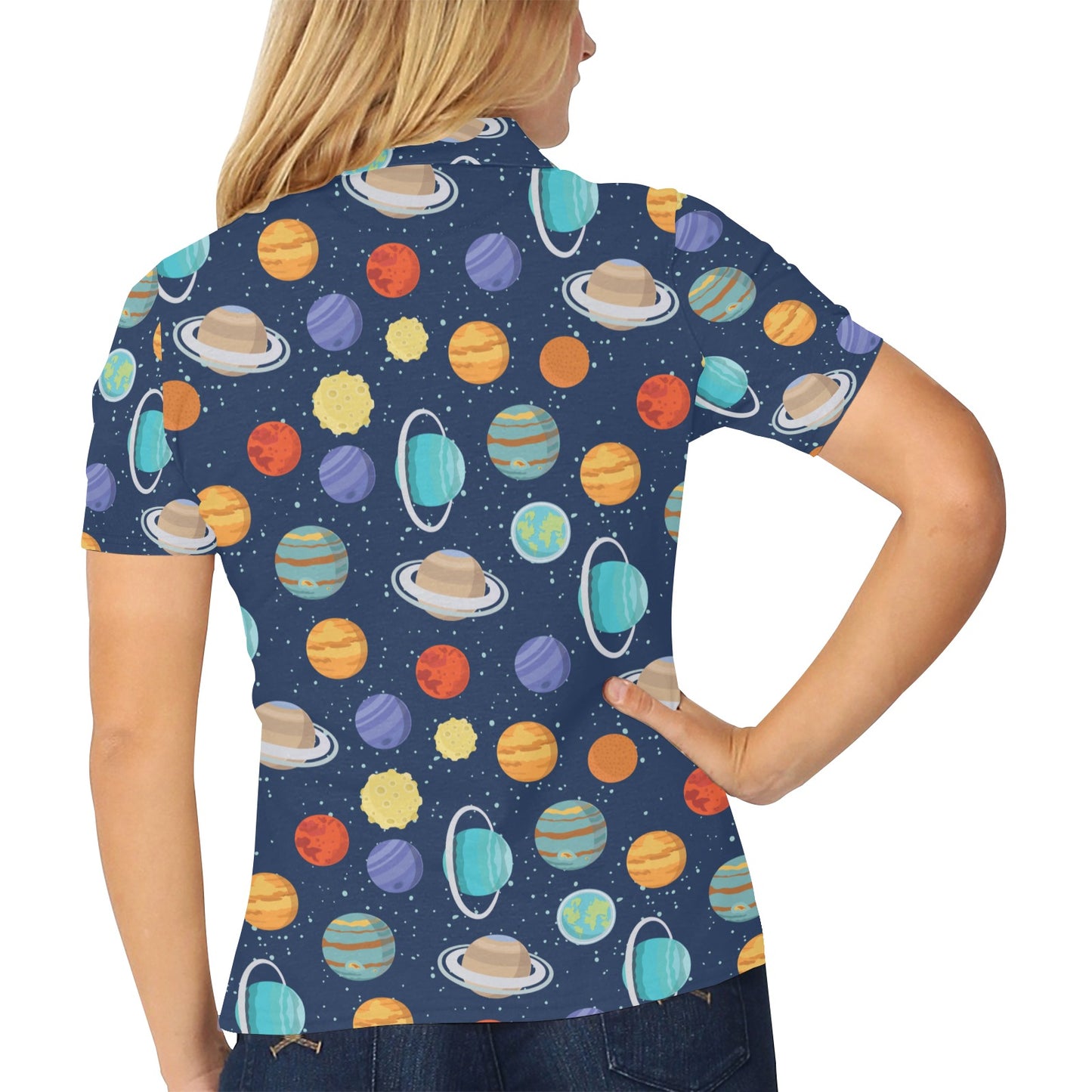Planet With Star Print Design LKS303 Women's Polo Shirt