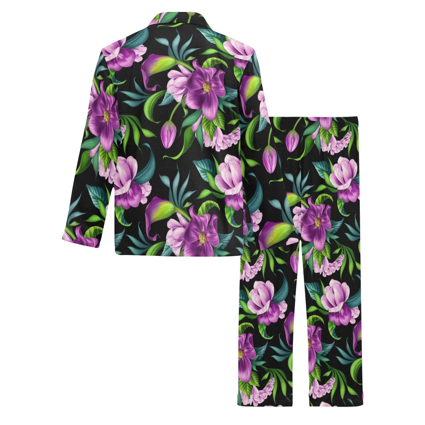 Bright Purple Floral Pattern Men's Long Pajama Set