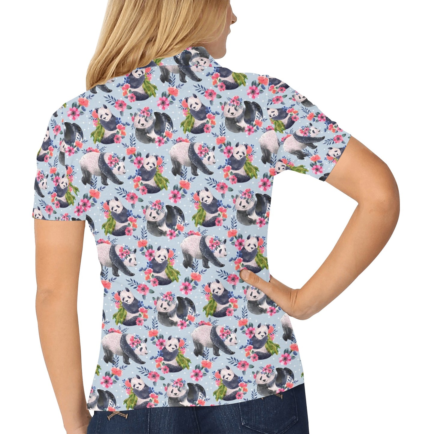 Panda Bear Flower Design Themed Print Women's Polo Shirt