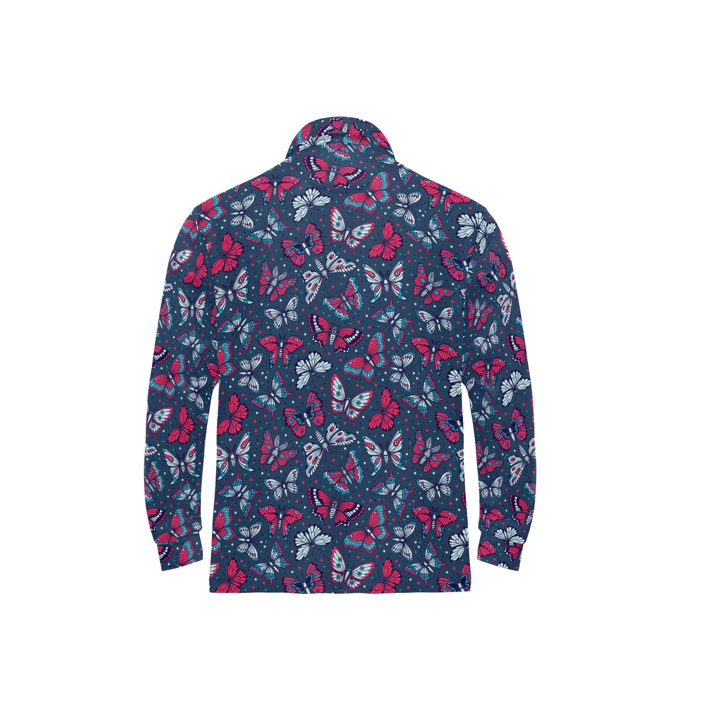 Butterfly Red Deep Blue Print Pattern Long Sleeve Polo Shirt For Men's