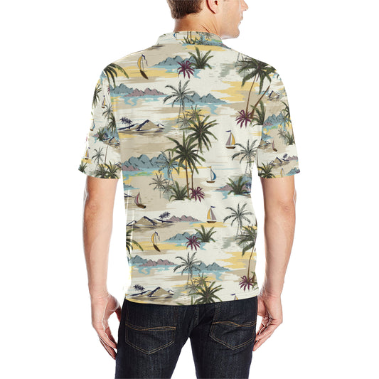 Palm Tree Beach Print Men Polo Shirt