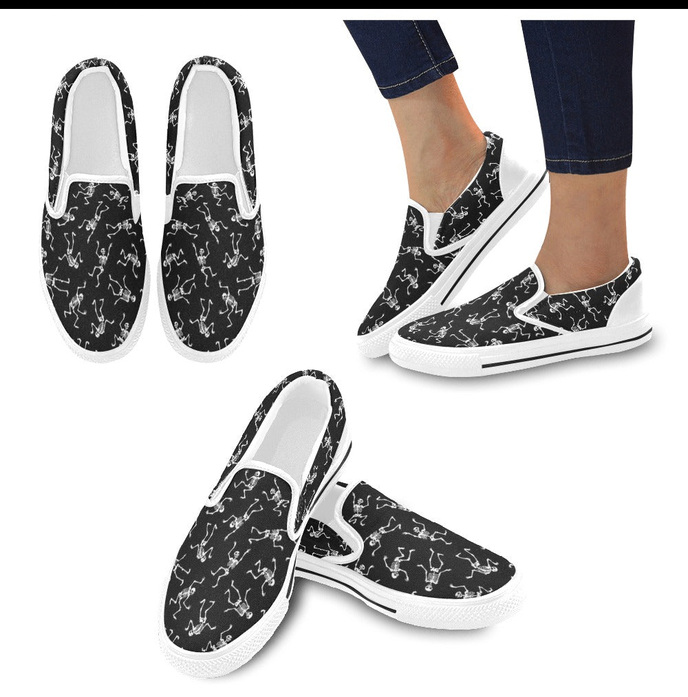 Skeleton Print Design LKS305 White Slip Ons Canvas Women's Shoes