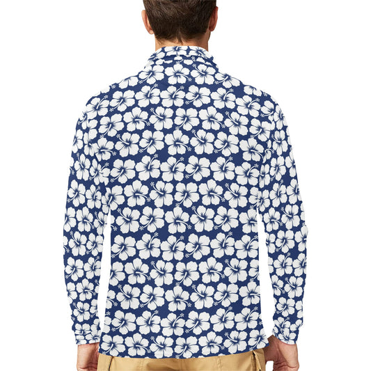 Hibiscus Blue Hawaiian Flower Pattern Long Sleeve Polo Shirt For Men's