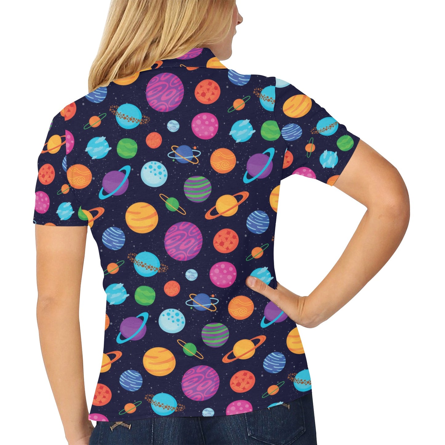 Planet Multicolor Print Design LKS302 Women's Polo Shirt