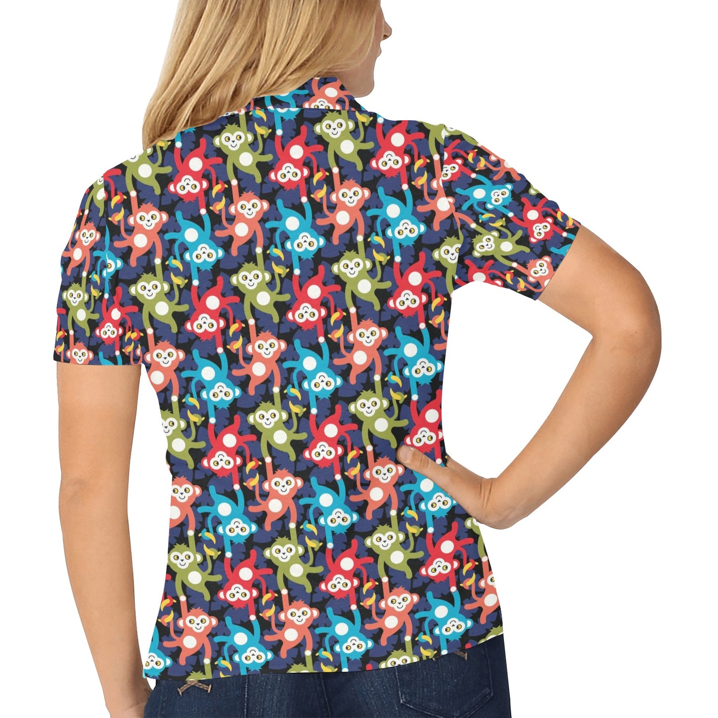 Monkey Colorful Design Themed Print Women's Polo Shirt