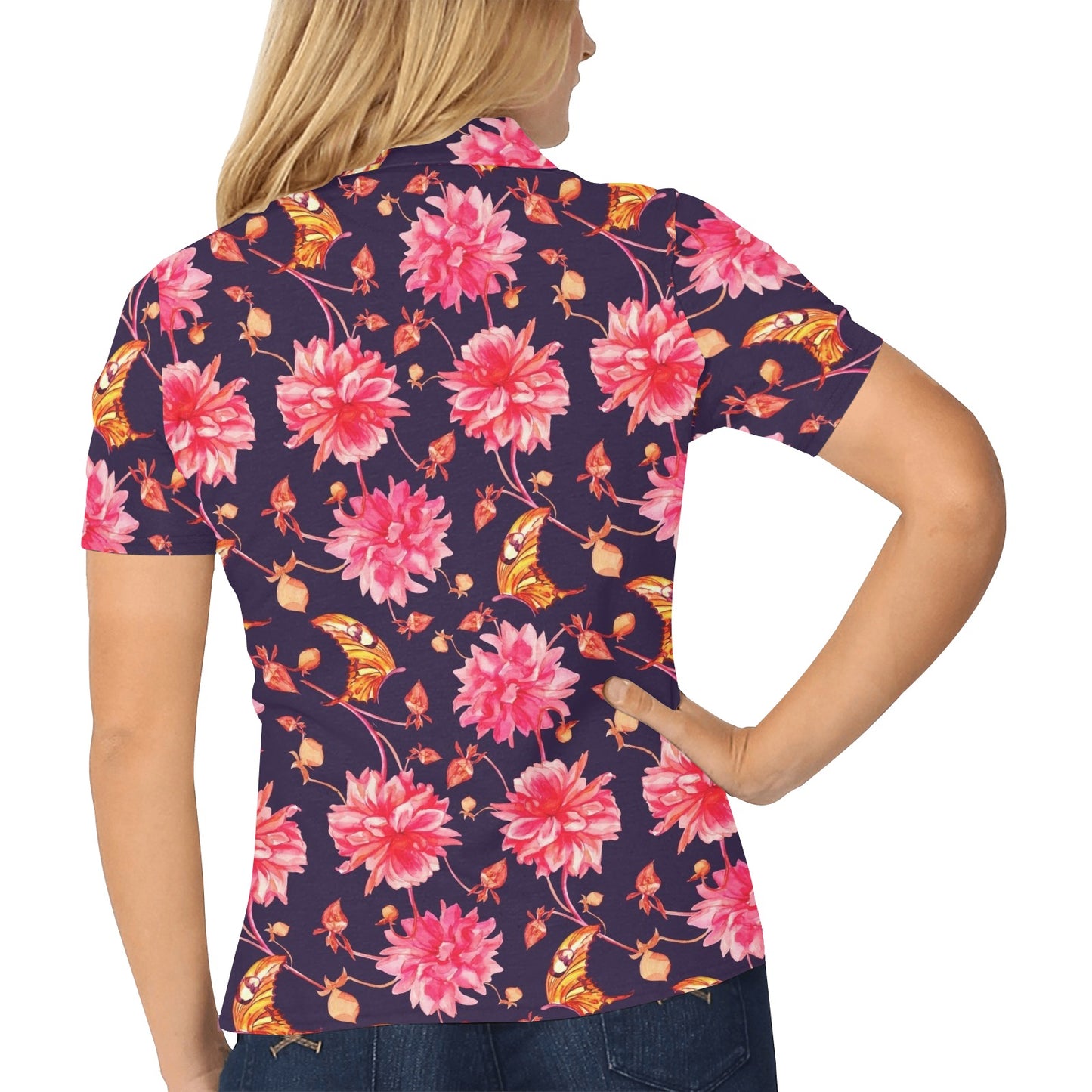 Dahlia Pattern Print Design DH03 Women's Polo Shirt