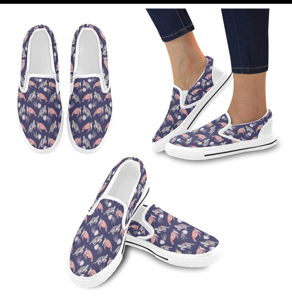 Sea Turtle With Jelly Fish Print Design LKS301 White Slip Ons Canvas Women's Shoes