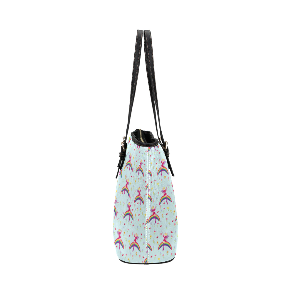 Fairy with Rainbow Print Pattern Leather Tote Bag