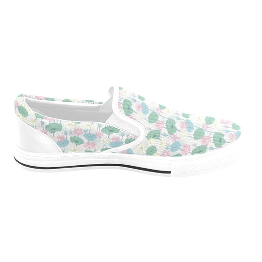 Water Lily Print Design LKS305 White Slip Ons Canvas Women's Shoes