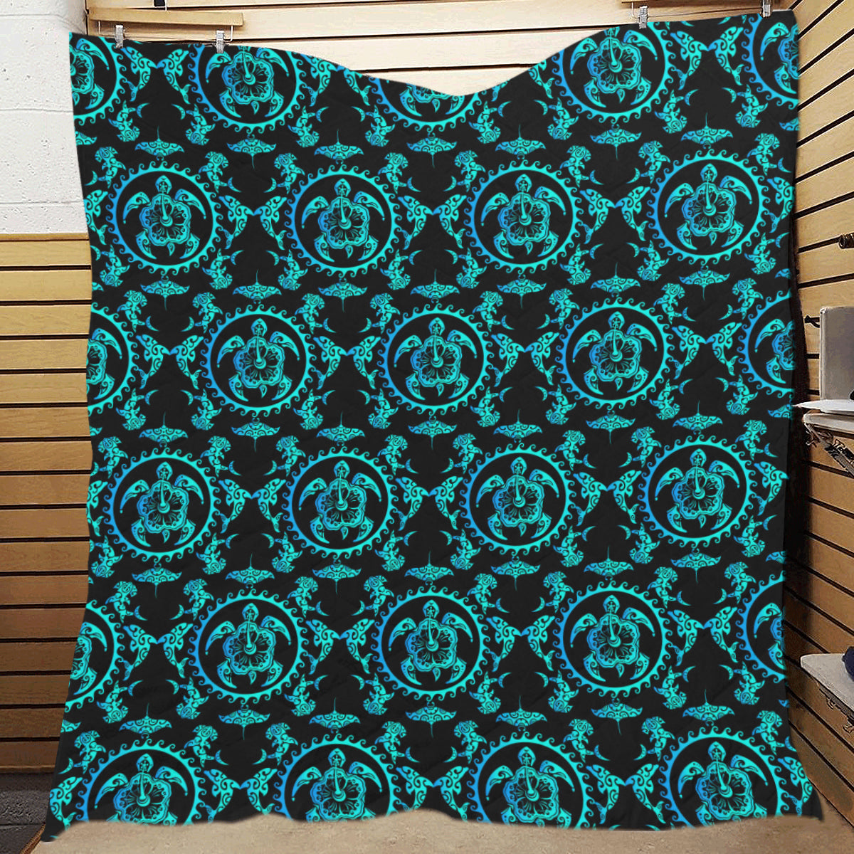 turquoise Tribal Sea Turtle Hawaiian Premium Quilt