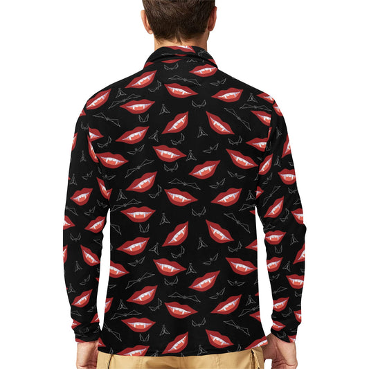 Vampire Lips Print Design LKS301 Long Sleeve Polo Shirt For Men's