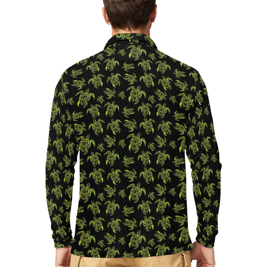Green Tribal Turtle Polynesian Themed Long Sleeve Polo Shirt For Men's