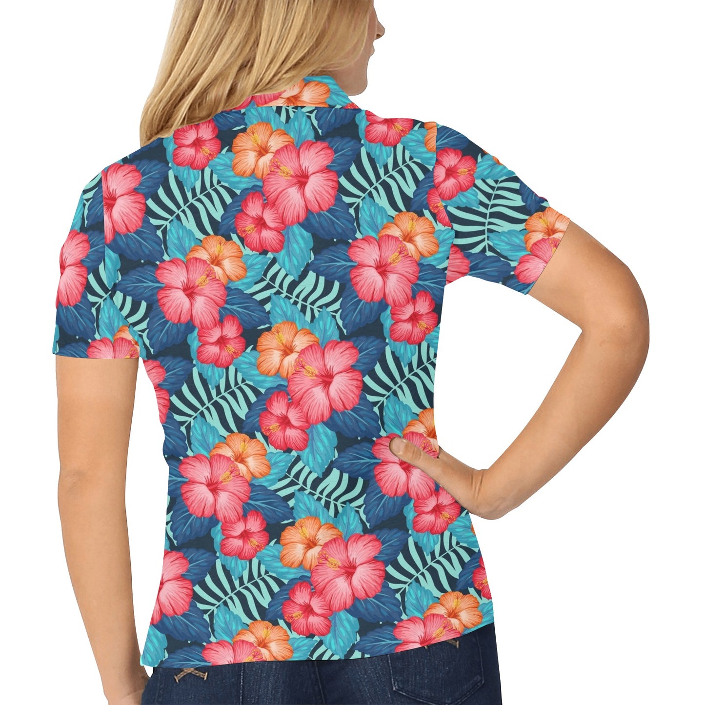 Red Hibiscus Pattern Print Design HB02 Women's Polo Shirt