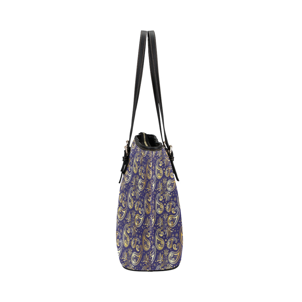 Paisley Blue Yellow Design Print Leather Tote Bag