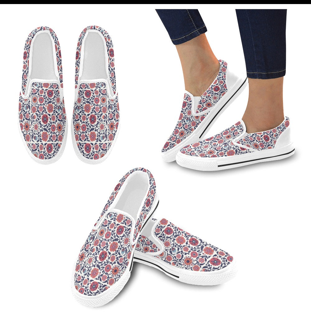 Suzani Print Design LKS304 White Slip Ons Canvas Women's Shoes