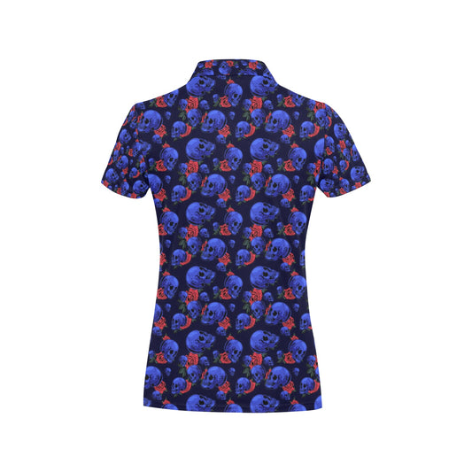 Skull Roses Neon Design Themed Print Women's Polo Shirt