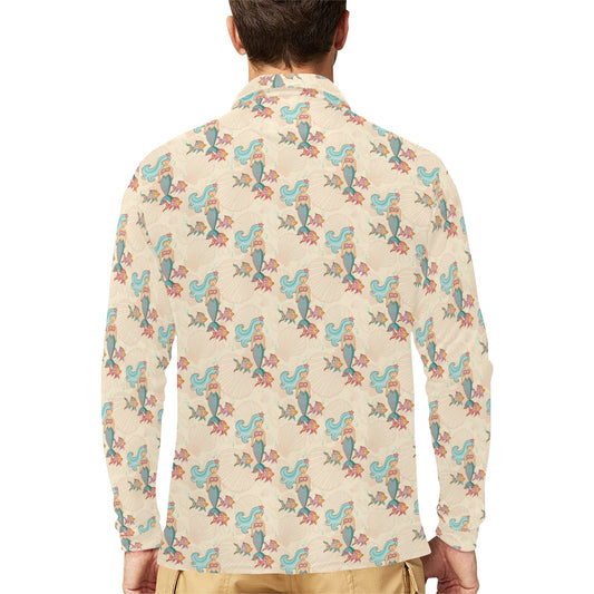 Mermaid Girl With Fish Design Print Long Sleeve Polo Shirt For Men's