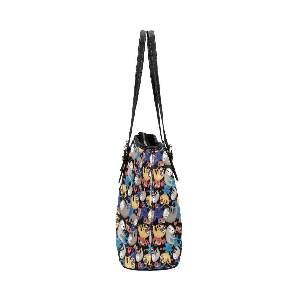 Sloth Cartoon Design Themed Print Leather Tote Bag