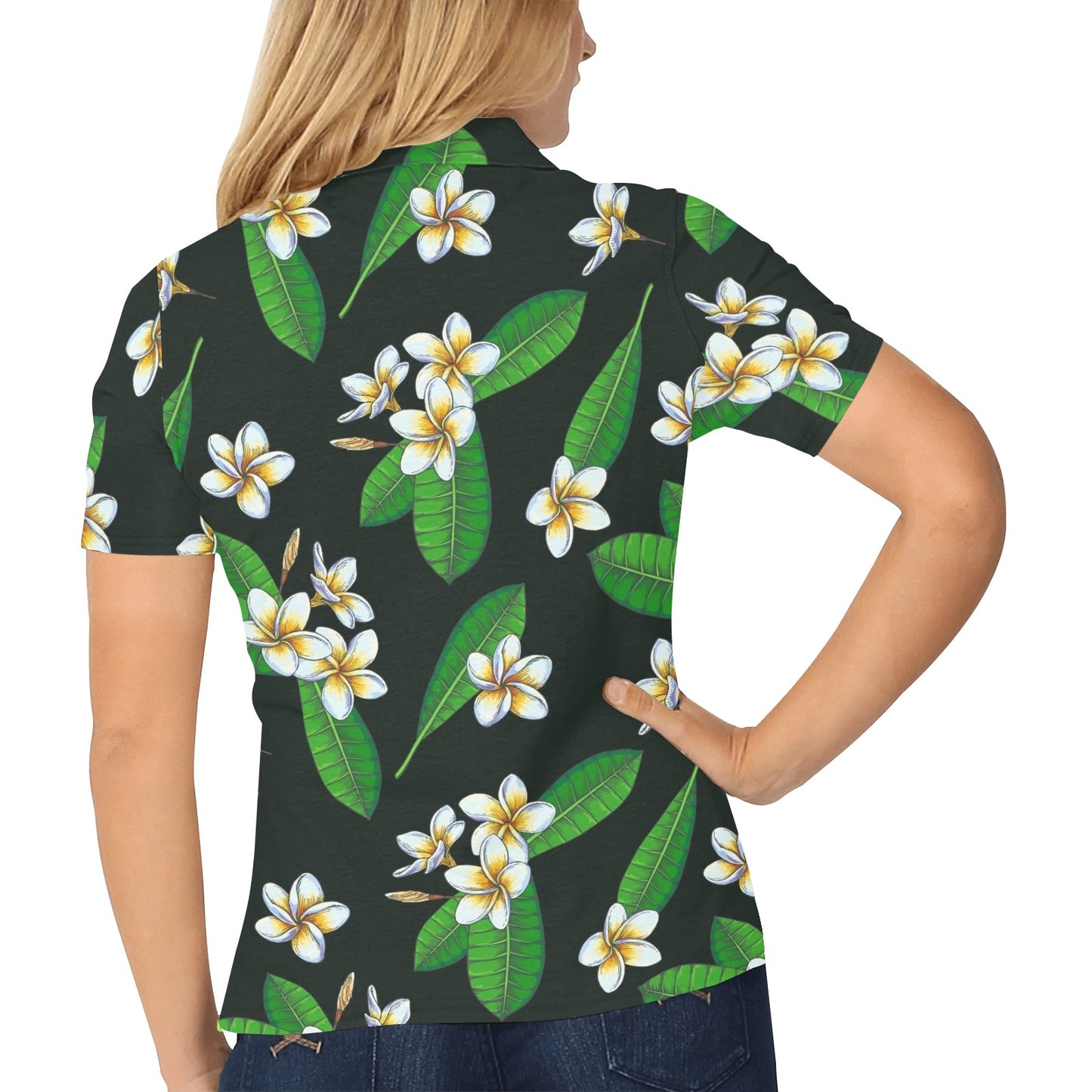 White Plumeria Pattern Print Design PM023 Women's Polo Shirt