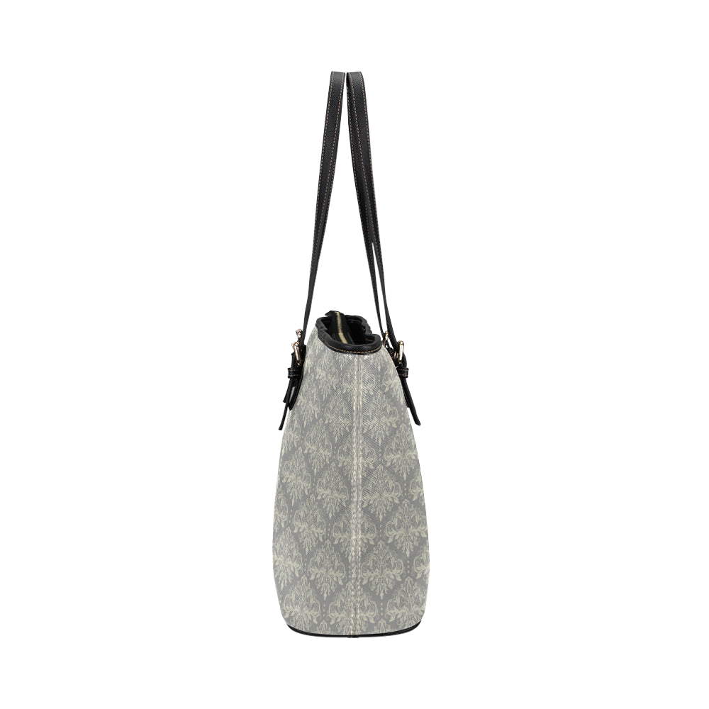 Damask Grey Elegant Print Pattern Leather Tote Bag