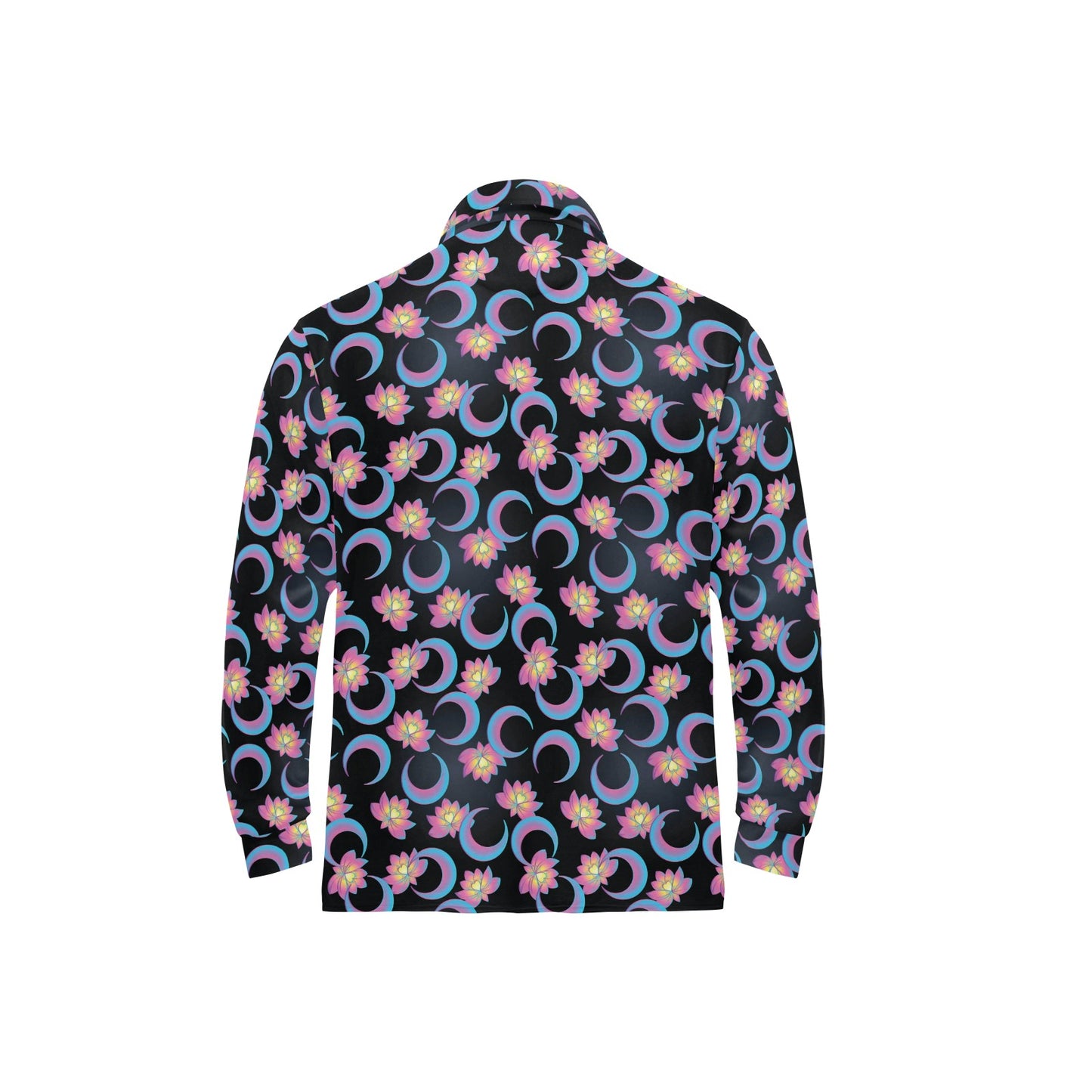 Lotus with Moon Pink Print Themed Long Sleeve Polo Shirt For Men's