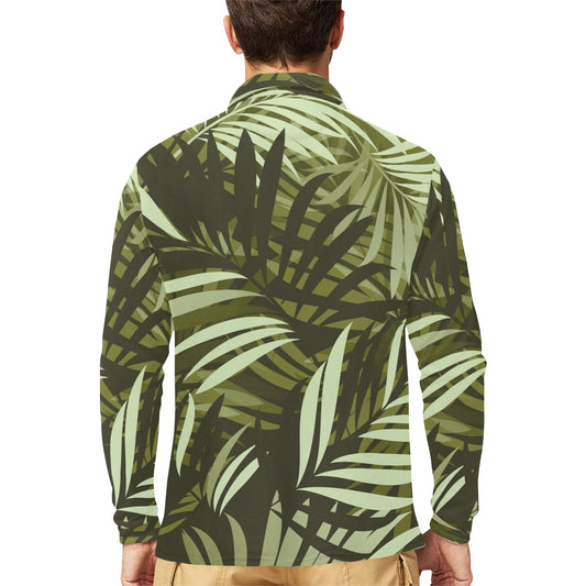 Palm Leaves Pattern Print Design PL05 Long Sleeve Polo Shirt For Men's