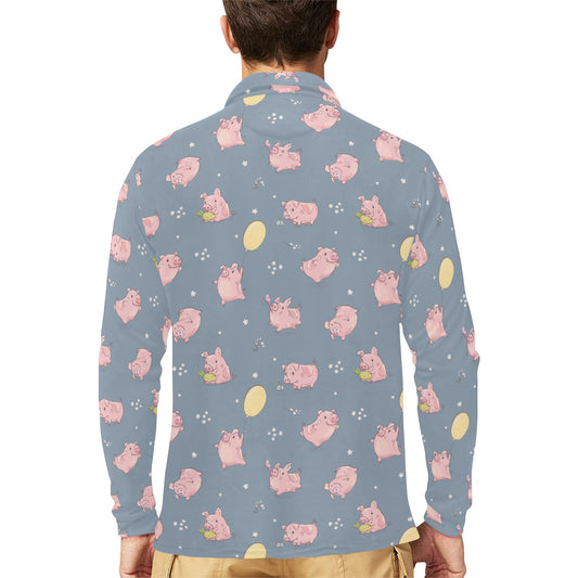 Pig Print Design LKS405 Long Sleeve Polo Shirt For Men's