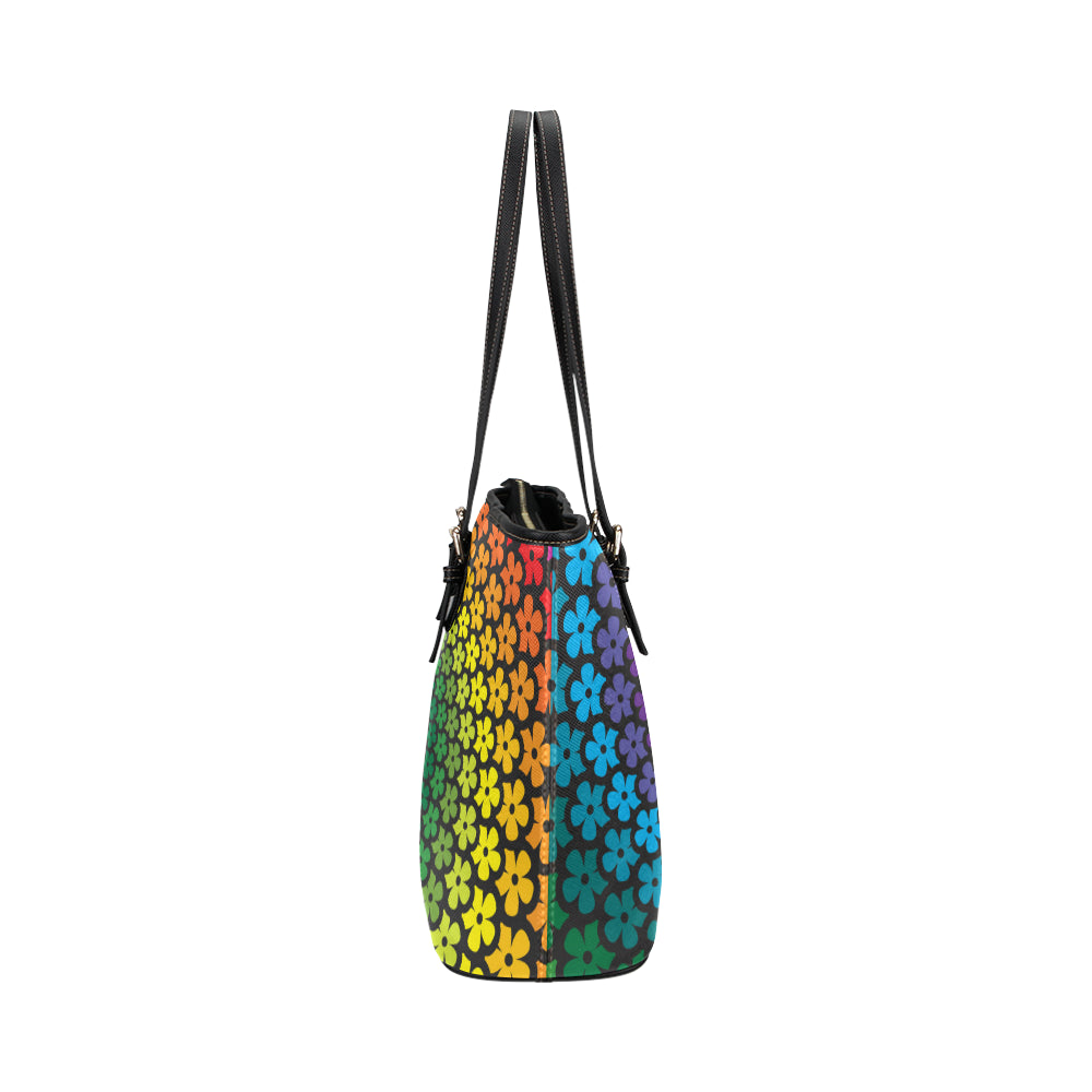 Flower Power Rainbow Spiral Print Leather Tote Bag