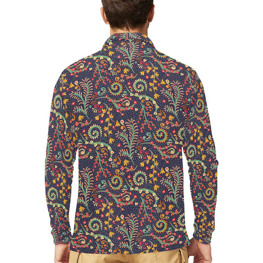 Bohemian Pattern Print Design 08 Long Sleeve Polo Shirt For Men's
