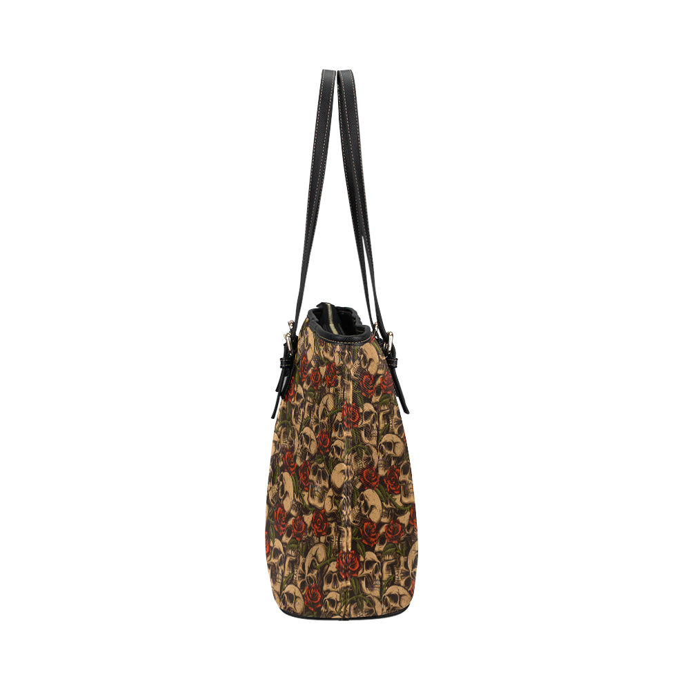 Skull Roses Vintage Design Themed Print Leather Tote Bag