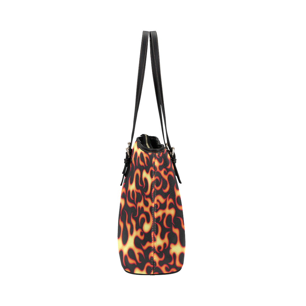 Flame Fire Themed Print Leather Tote Bag