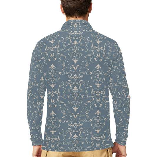 Damask Elegant Teal Print Pattern Long Sleeve Polo Shirt For Men's