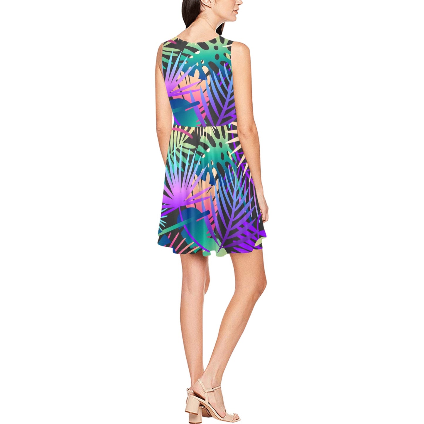 Neon Flower Tropical Palm Leaves Sleeveless Dress