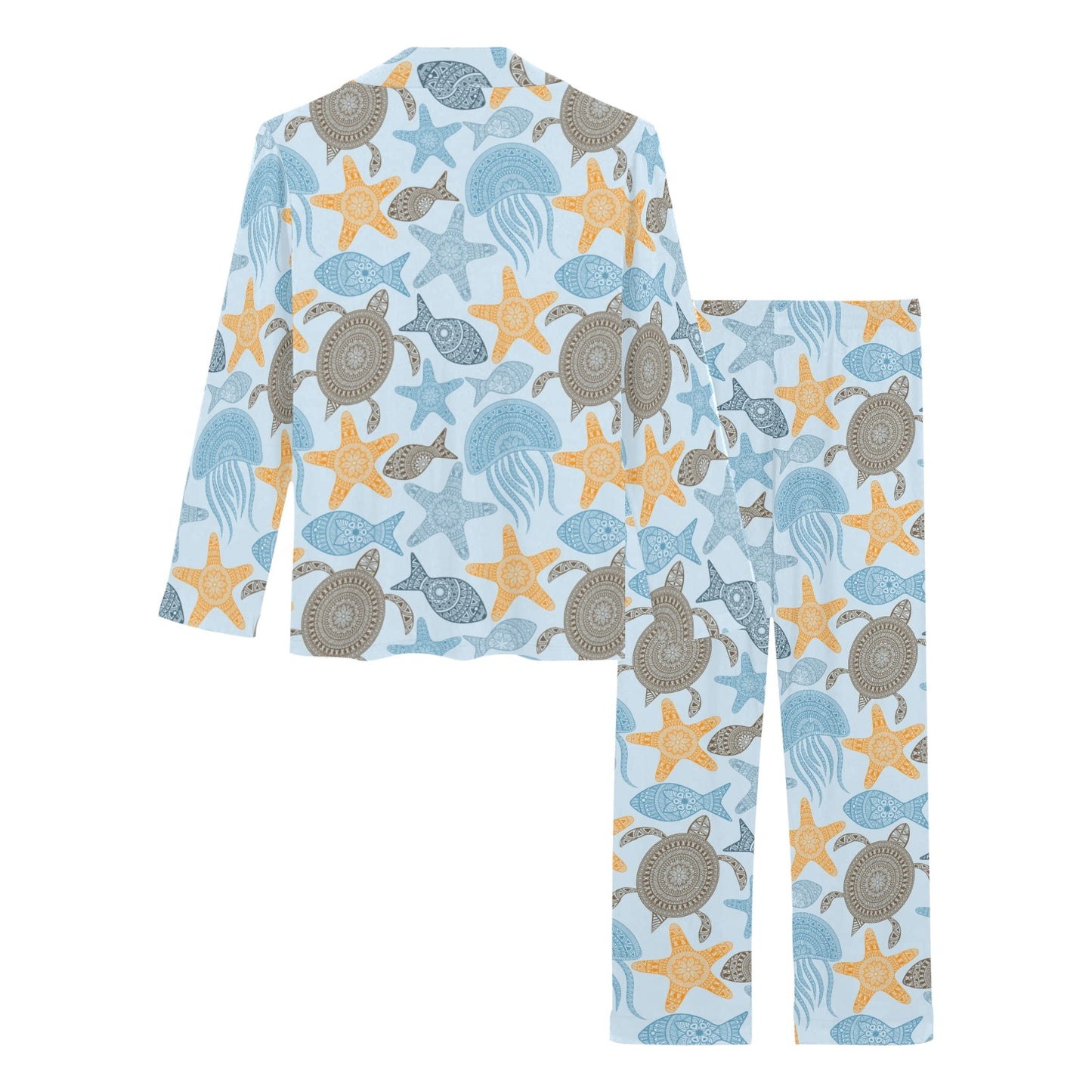 Polynesian Jellyfish Turtle Print Women's Long Pajama Set