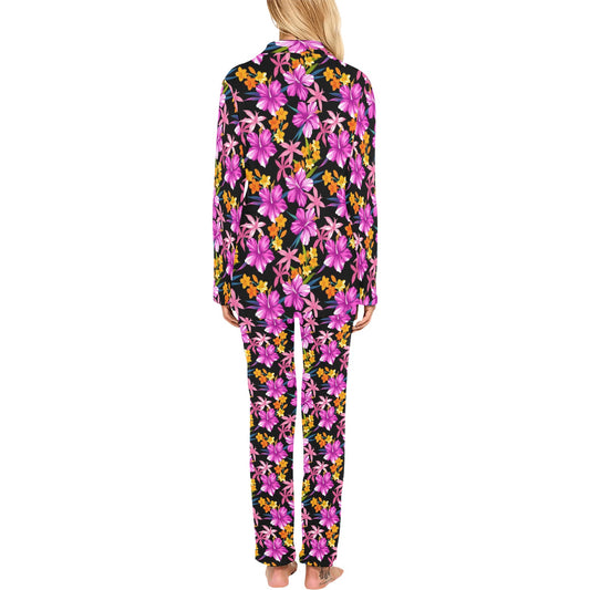 Tropical Folower Pink Hibiscus Print Women's Long Pajama Set