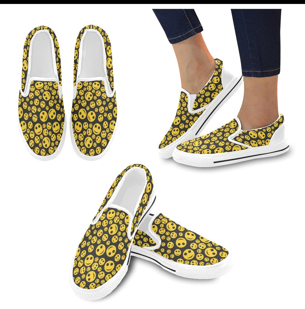 Smiley Face Emoji Print Design LKS304 White Slip Ons Canvas Women's Shoes
